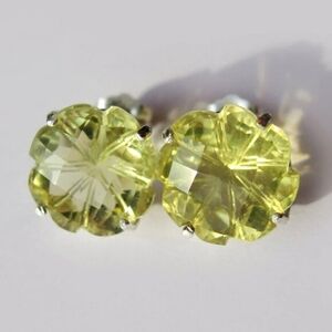 Lime Lemon Quartz Carved Flower Stud Earring In Sterling Silver